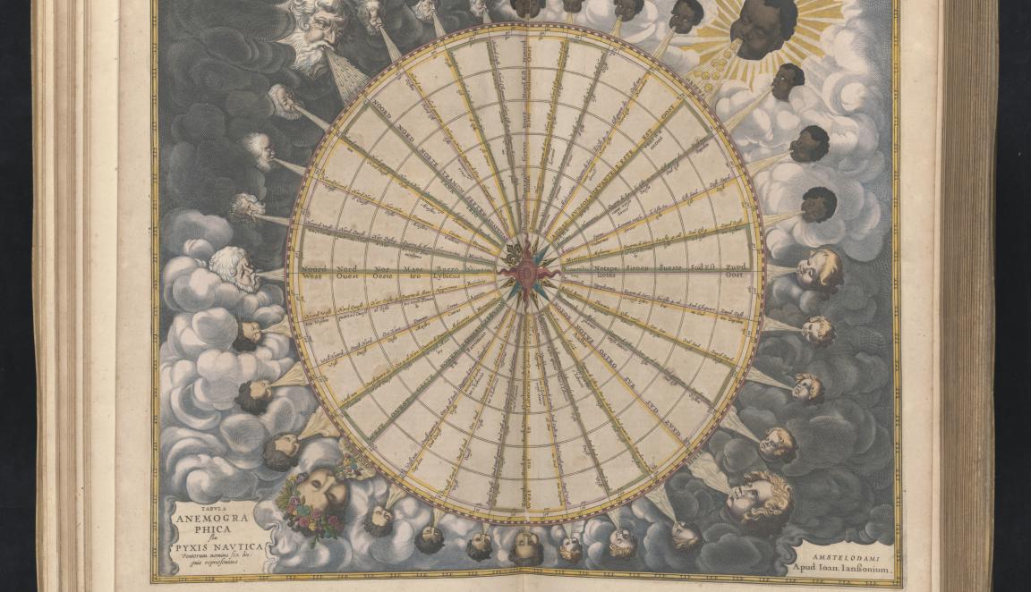 Old illustrated map showing wind directions from a central compass, with faces in the clouds blowing wind from all sides