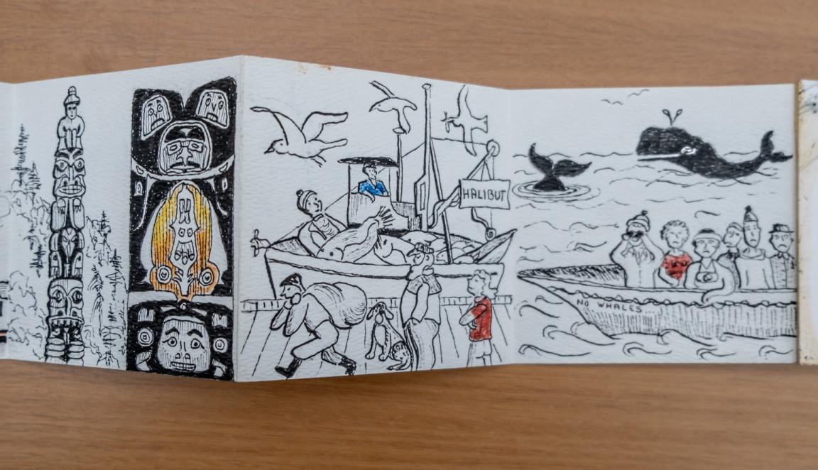 Fold-out travel diary open to four pages with black and white illustrations of an Alaskan fish market and people on a whale watching trip