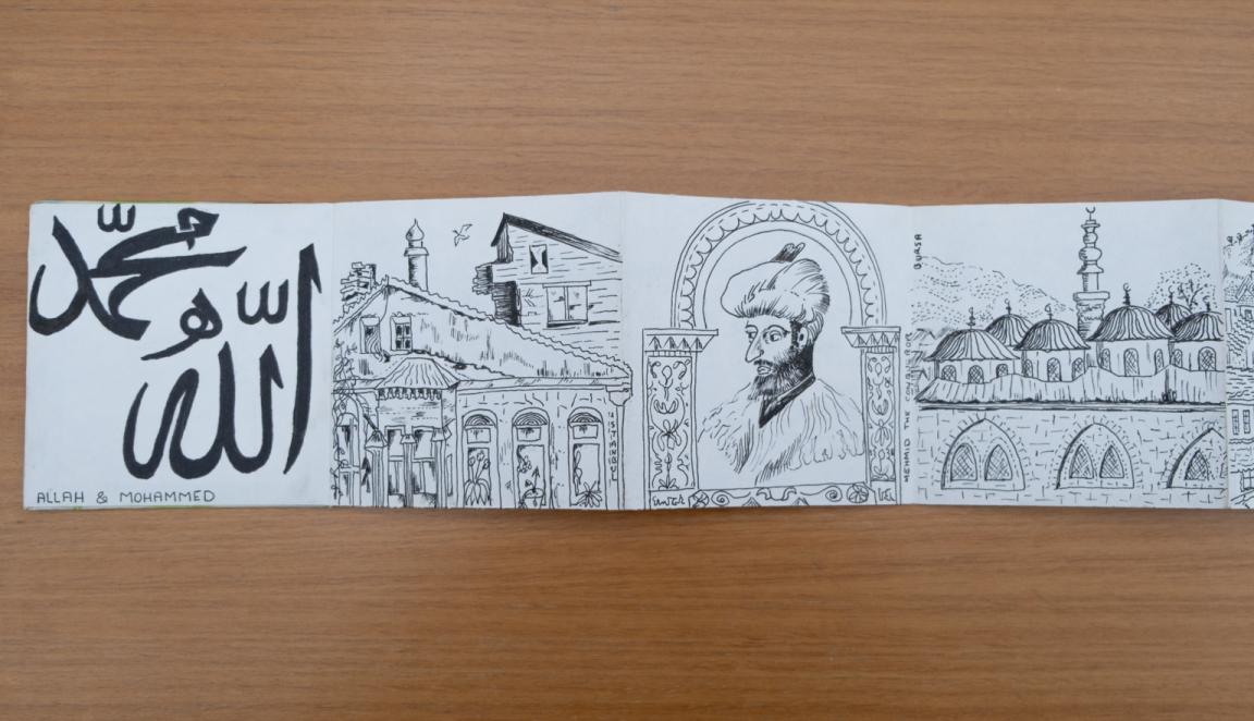 Fold-out travel diary open to four pages with black and white illustrations of people and buildings in Turkey