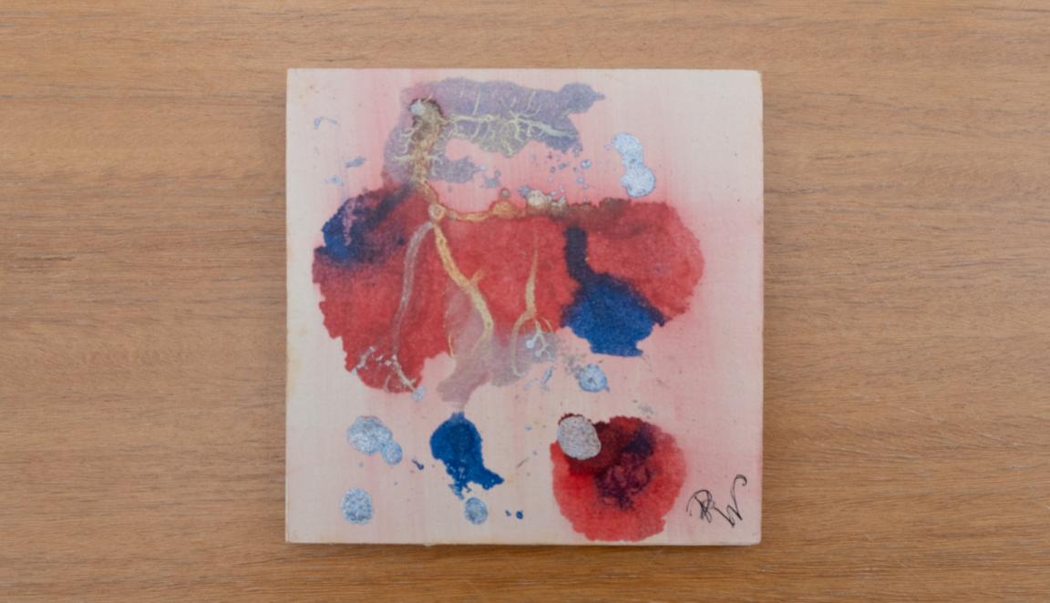 Diary cover with red and blue inkblots