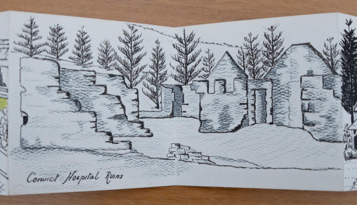 Fold-out travel diary open to four pages with black and white illustrations of building ruins labelled 'Convict Hospital Ruins'