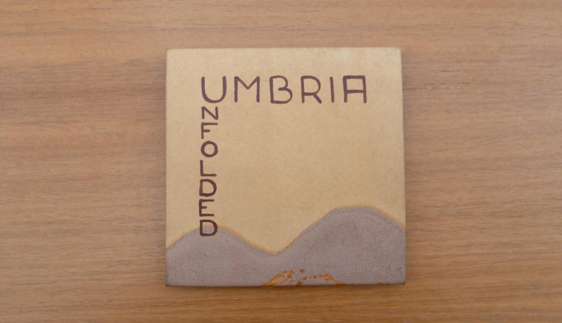 Travel diary cover with a simple brown mountain design and text reading 'Umbria Unfolded'