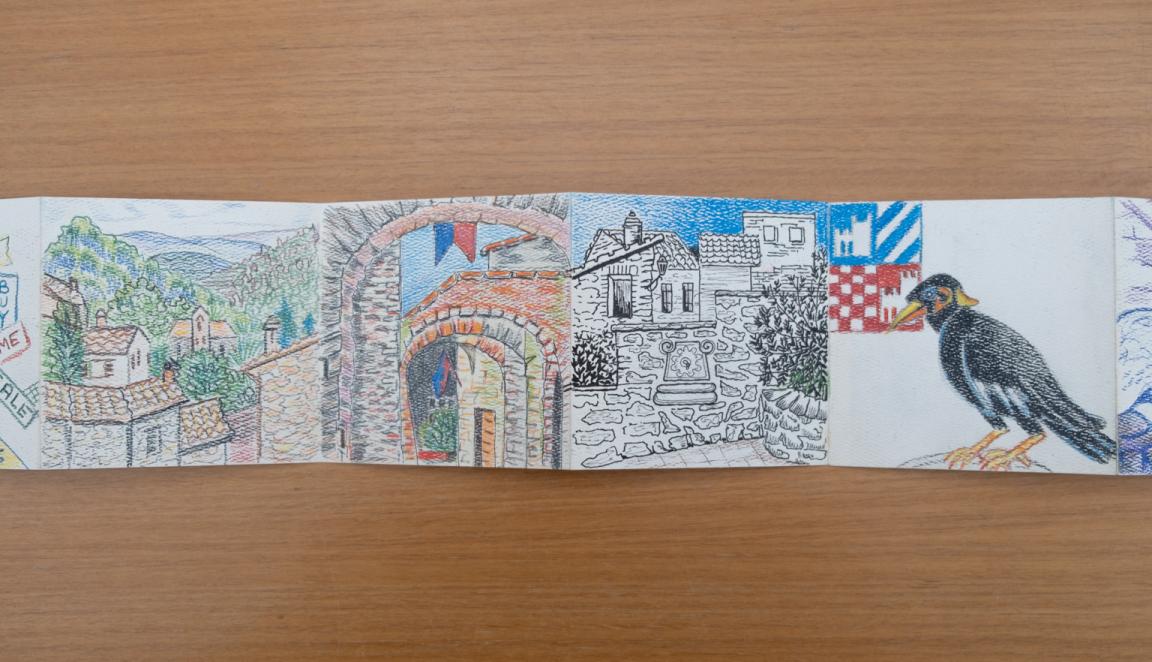 Fold-out travel diary open to four pages with colourful illustrations of Italian towns and streets and a black bird in front of a coat of arms