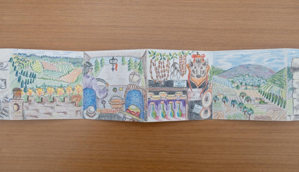 Fold-out travel diary open to four pages with colourful illustrations of orchards, people in a car and a market stall