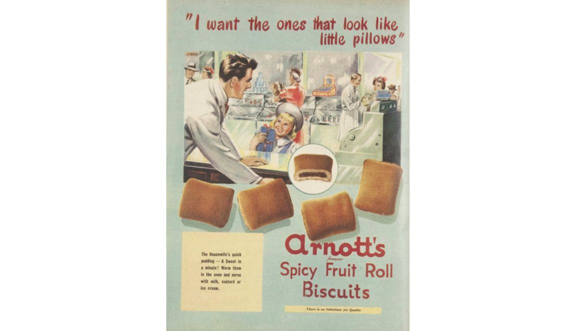 Advertisement for Arnott's Spicy Fruit Roll biscuits featuring an illustration of a father and daughter shopping and text reading '"I want the ones that look like little pillows"'