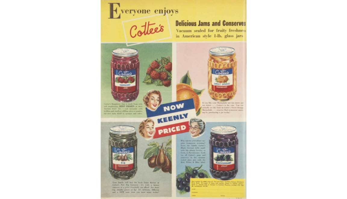 Advertisement for Cottee's featuring four illustrations of jam jars and text reading 'Everyone enjoys Cottee's delicious jams and conserves'