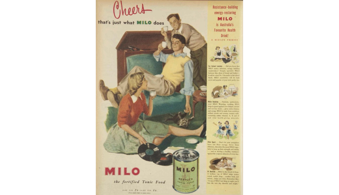 Advertisement for Milo with an illustration of 3 young people sitting on a couch drinking Milo