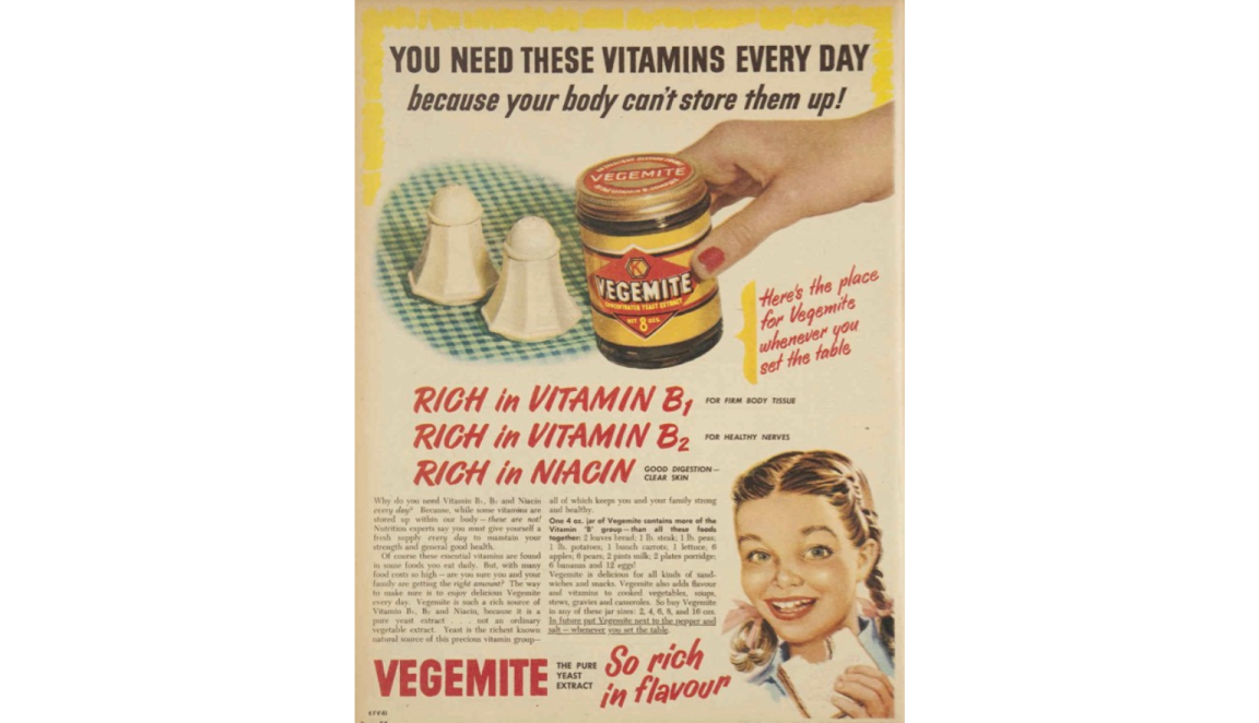 Advertisement for Vegemite featuring an illustration of a jar of Vegemite being placed on a table next to salt and pepper and text reading 'Here's the place for Vegemite whenever you set the table'