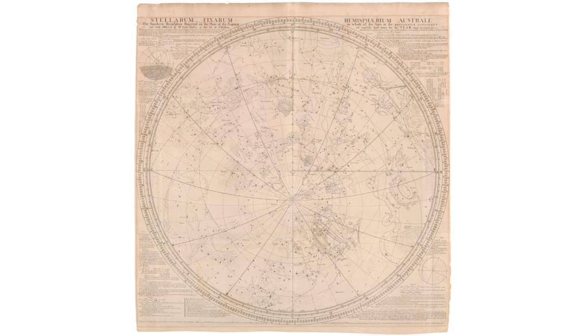 A map in Latin of stars in the Southern Hemisphere with designs of mythological characters denoting constellations.