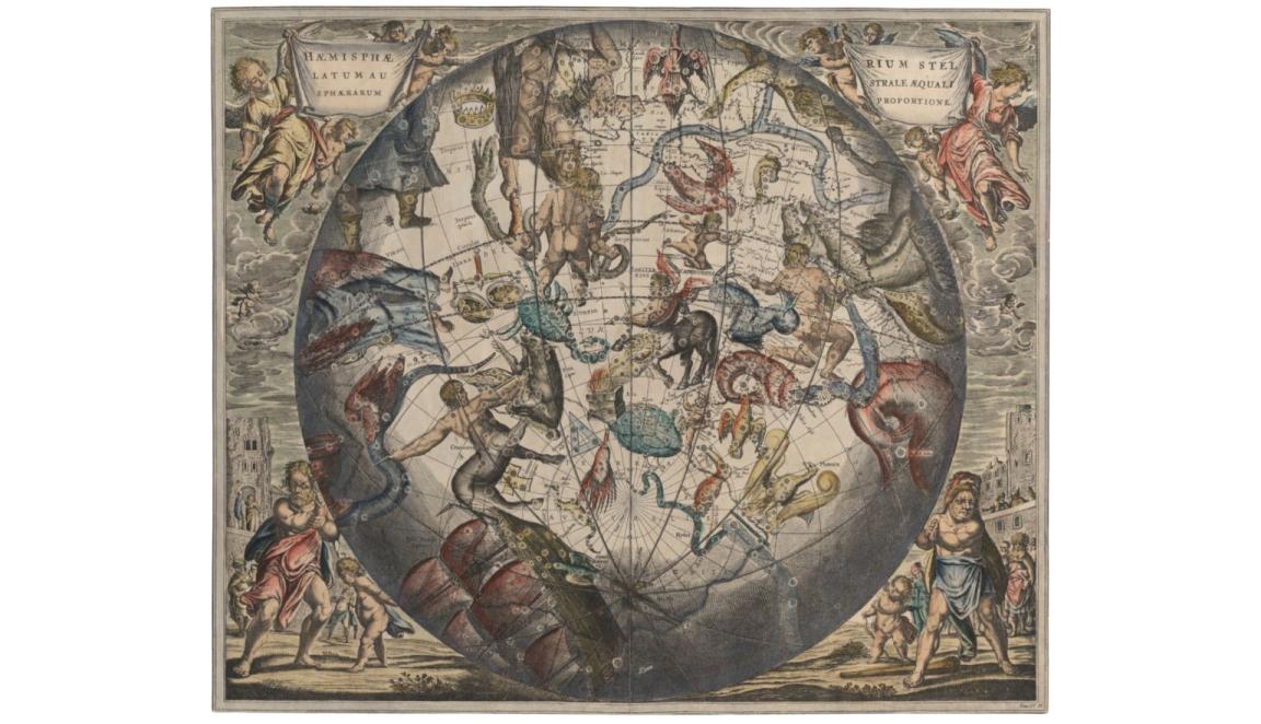  A map in Latin of stars of the Southern Hemisphere with colourful mythological designs denoting the constellations.