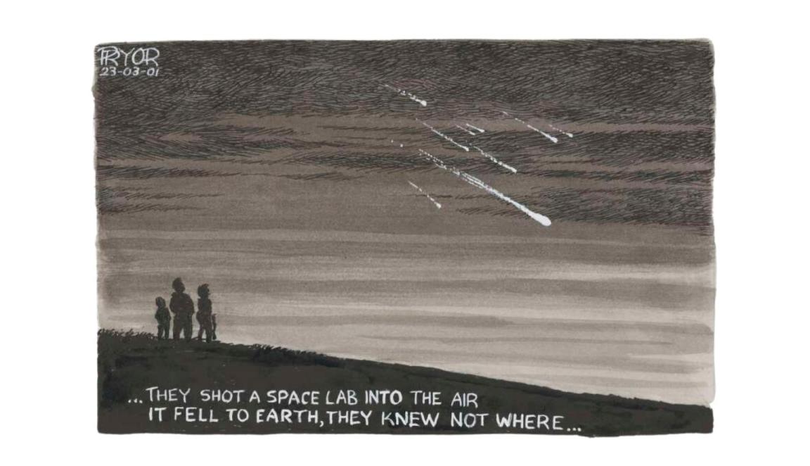A drawing of three people watching streaks of light falling from the sky with the caption “...THEY SHOT A SPACE LAB INTO THE AIR. IT FELL TO EARTH, THEY KNEW NOT WHERE...” 