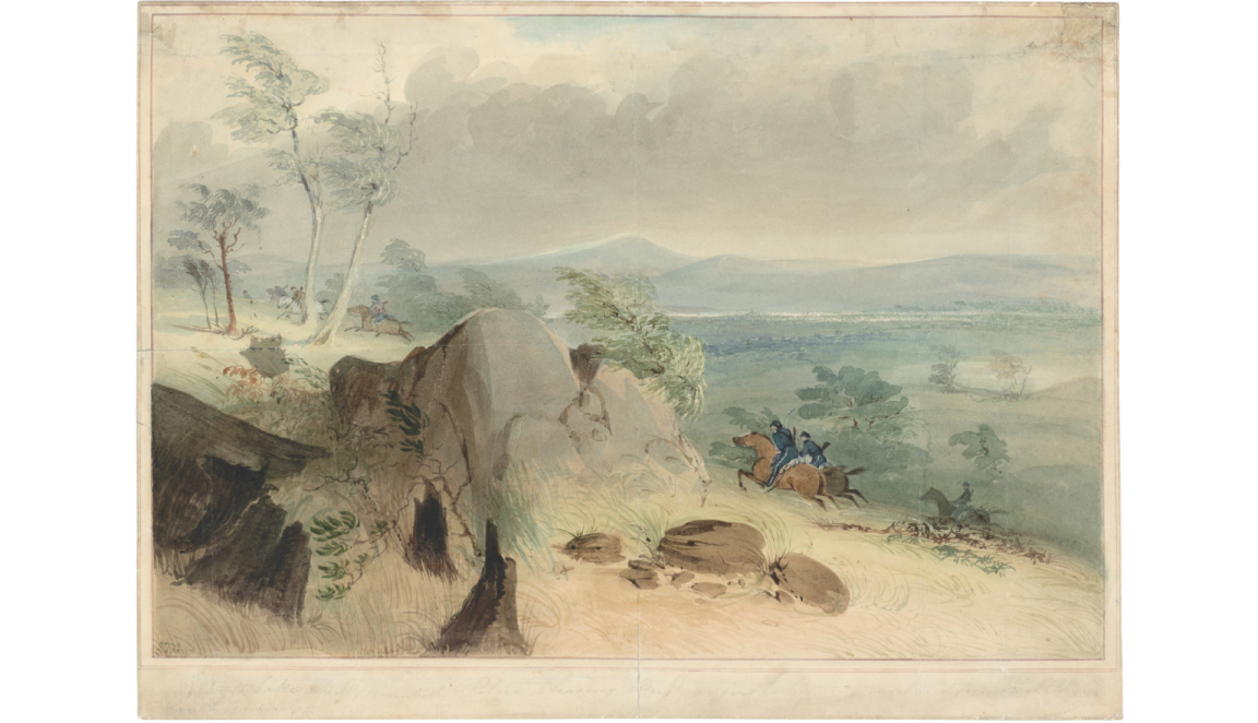 Illustration of police on horses riding up a mountain past large rocks chasing bushrangers on horses