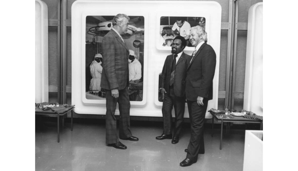 Chief Minister Michael Somare, Australian Prime Minister Gough Whitlam and Minister for External Territories, Mr W. L. Morrison speak to each other at the opening of the National Library's Papua New Guinea display
