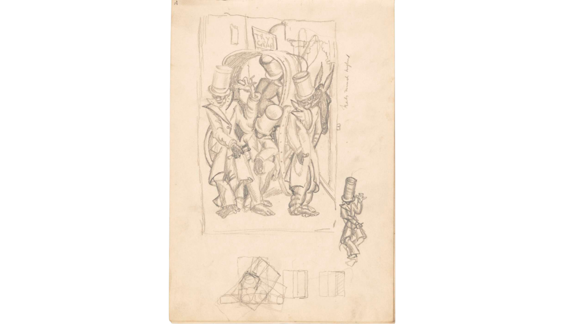 Pencil sketch of figures in top hats and long coats