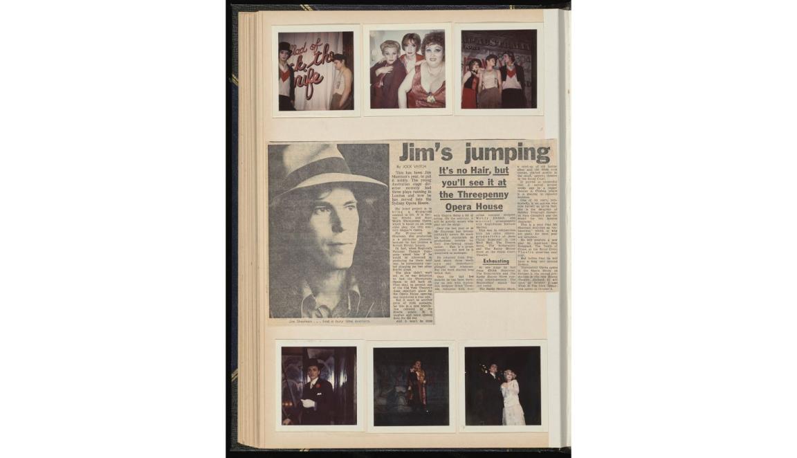 collage of 6 behind the scenes photos and a newspaper clipping titled Jim's jumping