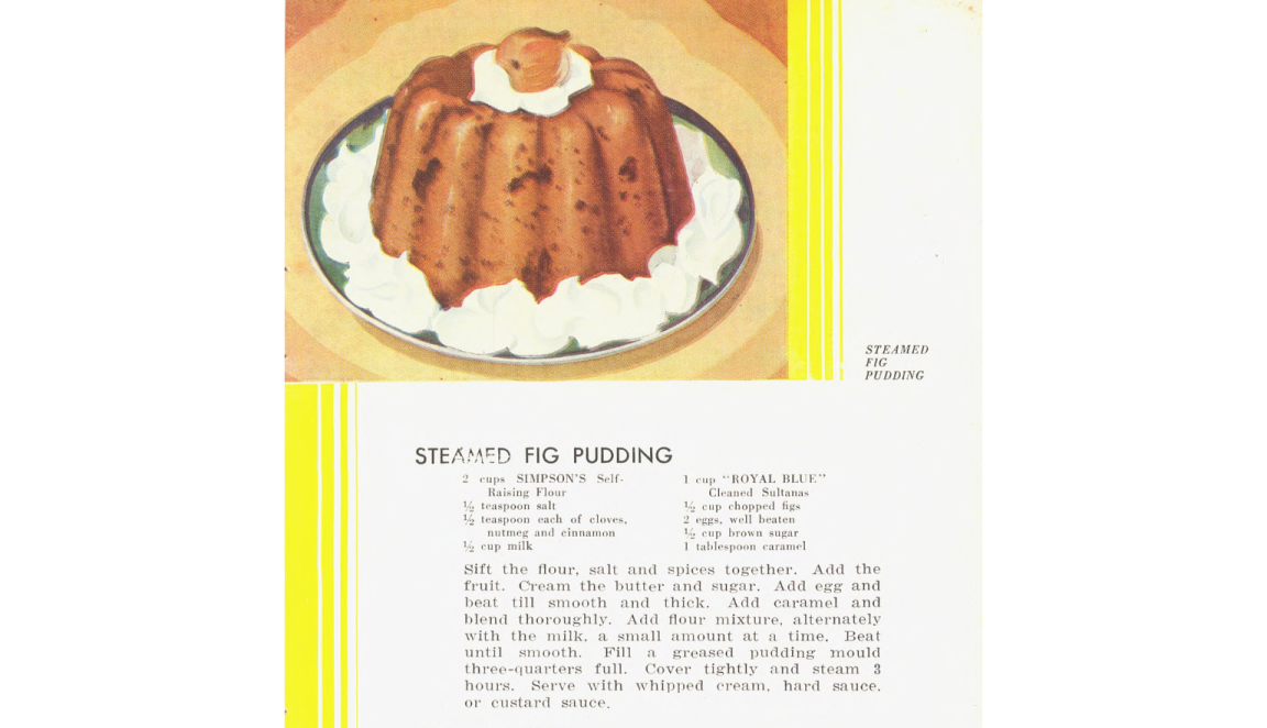 Page of a cookbook featuring an illustration of a steamed fig pudding with a recipe for it