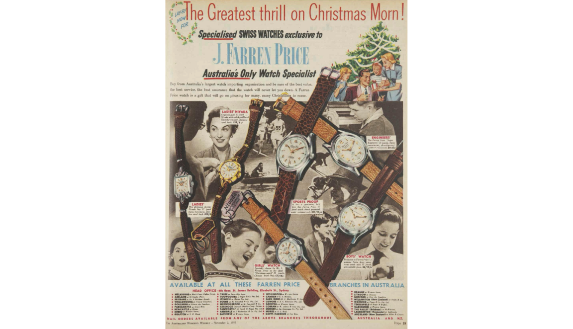 Magazine advertisement for J Farren Price showcasing their watches for Christmas, with illustrations of different styles of watches and the slogan 'The greatest thrill on Christmas'