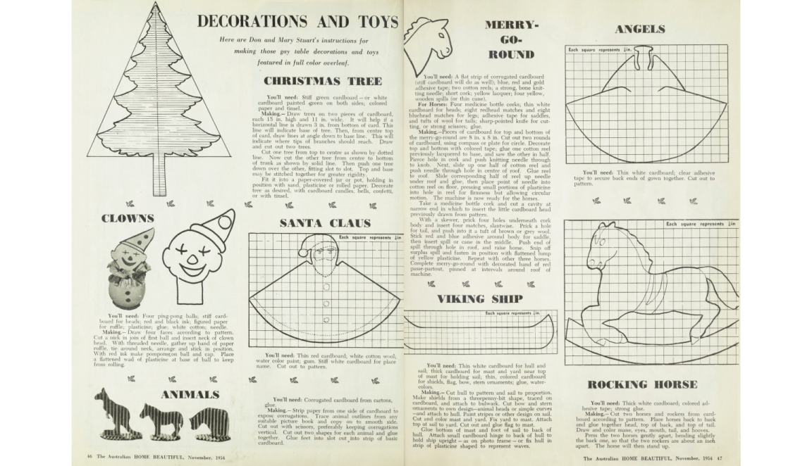 Double page spread of a magazine with instructions to make various Christmas crafts, including a Christmas tree, Sanata Claus, clowns, animals and angels