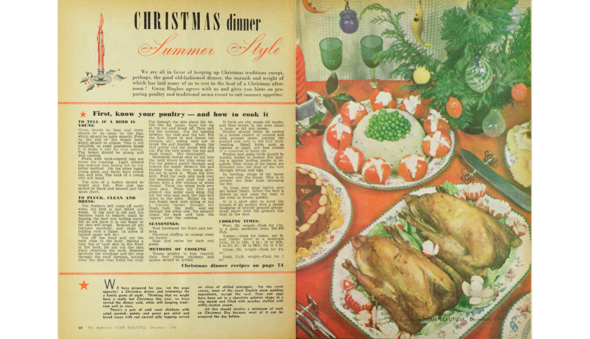 Double page spread of a magazine with the left page including instructions for cooking poultry and the right page features a large colourful illustration of 2 roast chickens on a table with other Christmas dishes and decoration