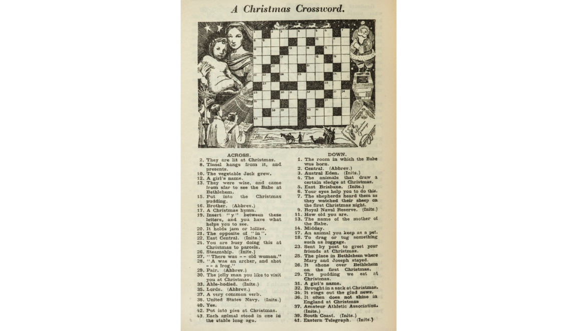 Christmas crossword puzzle with clues such as 'they are lit at Christmas', 'A Christmas hymn', 'The name of the mother of the Babe' and 'put into pies at Christmas'