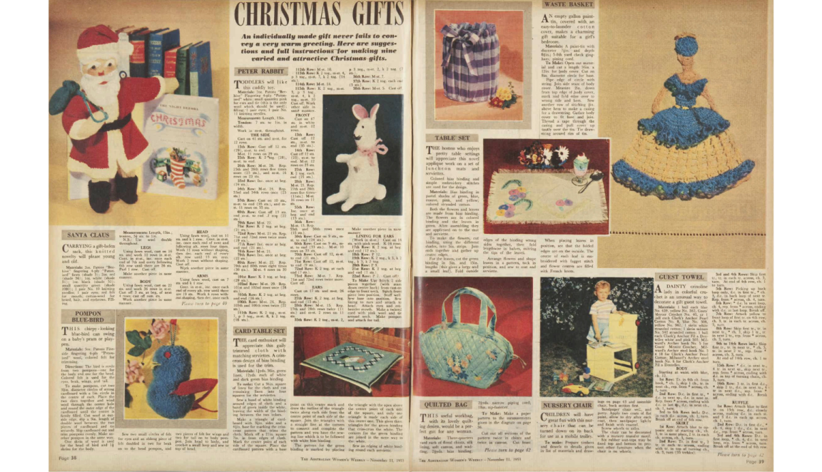 Double page spread of a magazine with colourful images of knot toys and bags, with instrcutions on how to knit them