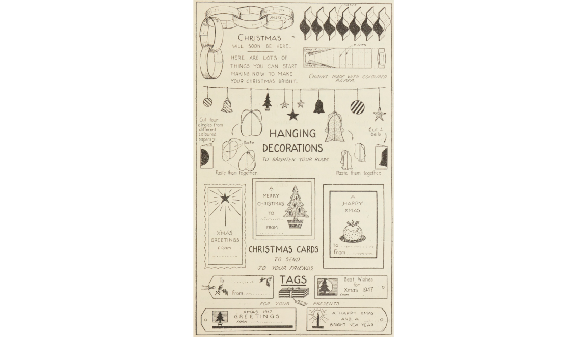 Page with instrcutions to create hanging Christmas decorations and Christmas cards