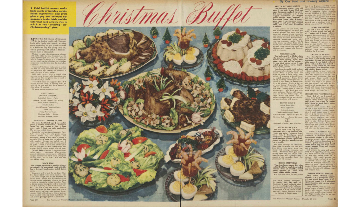 Double page spread of a magazine with a large colourful image of a Christmas buffet spread made of various savoury foods, surrounded by recipes for the featured dishes, including mock ham, crabmeat mousee, bacon appetisers and savoury almond fingers
