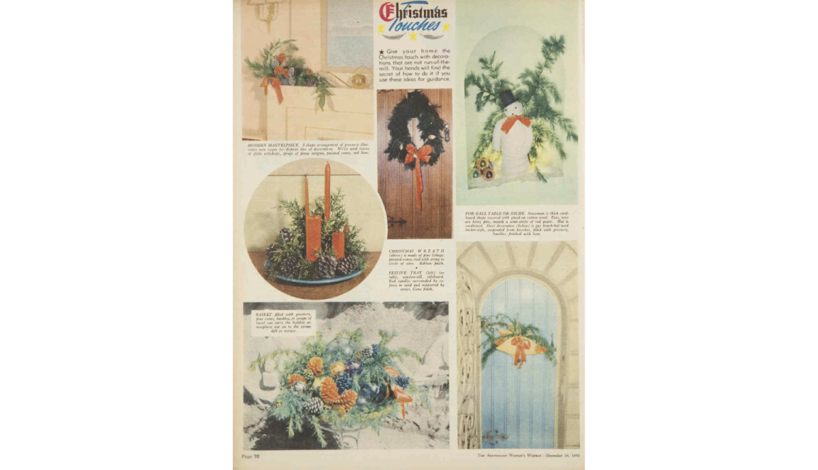 Page of a magazine with colourful pictures and instructions to make various Christmas greenery, including a mantlepiece, wreath and a festive tray