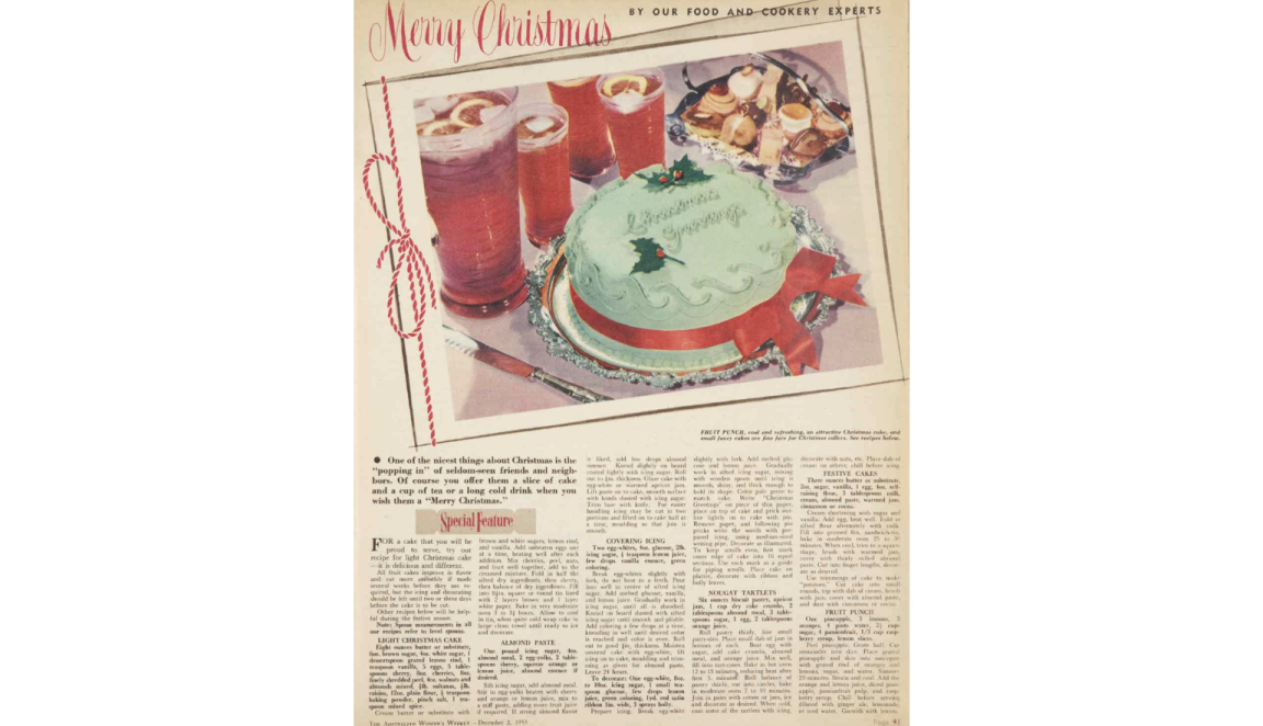 Page of a magazine with a colourful picture of a cake with green icing above recipes for various Christmas desserts including a light Christmas cake, nougat tablets and festive cakes