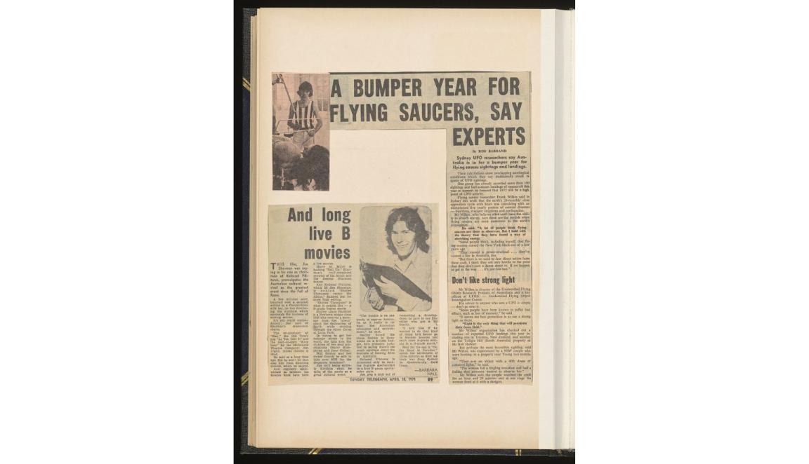 Two newspaper clippings. One titled: A bumper year for flying saucers, say experts. The other says: And long live B movies