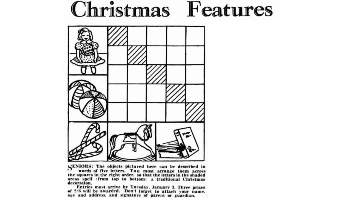 the player has to guess 5 5-letter words and put them in the correct order so the highlighted letters in each box spell a traditional Christmas decoration