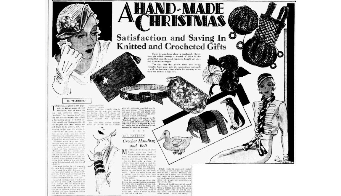 Newspaper article with instructions to make crochet and knit gifts for Christmas including a bag, belt, animal toys