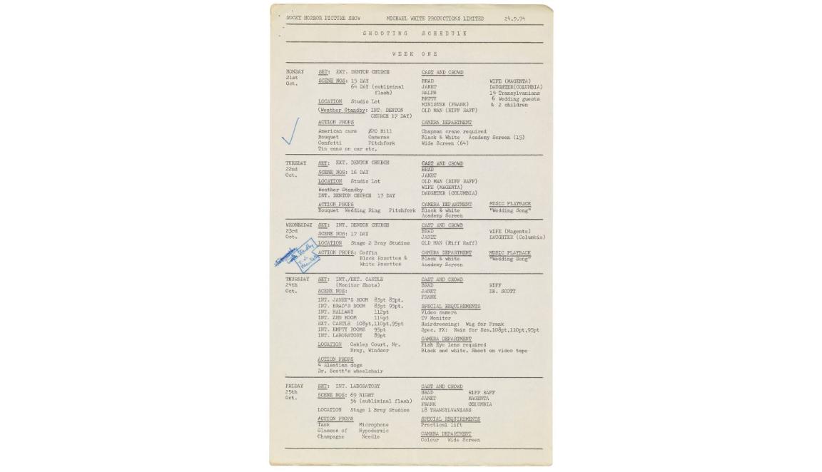 Document outlining week one shooting schedule for rocky horror picture show