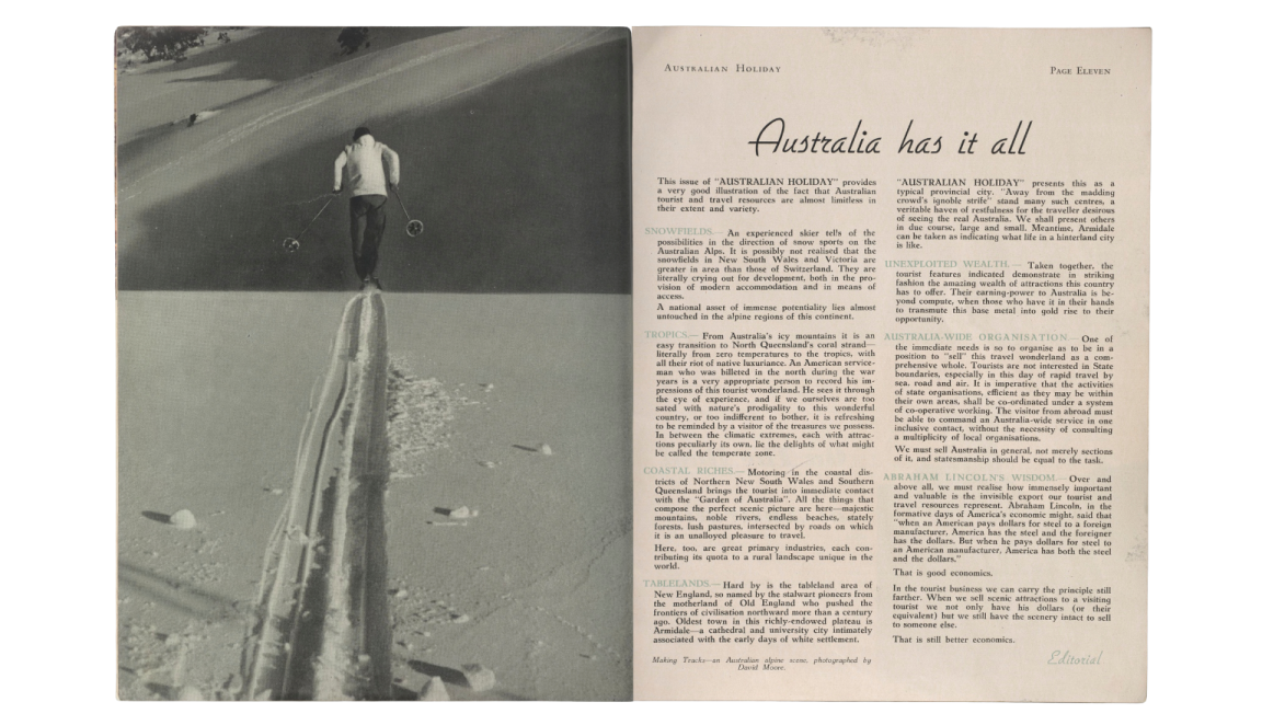 double page spread with article about diverse Australian travel destination including image of ski-fields