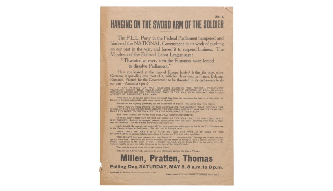 Nationalist Party flyer with headline: Hanging on the sword arm of the solider