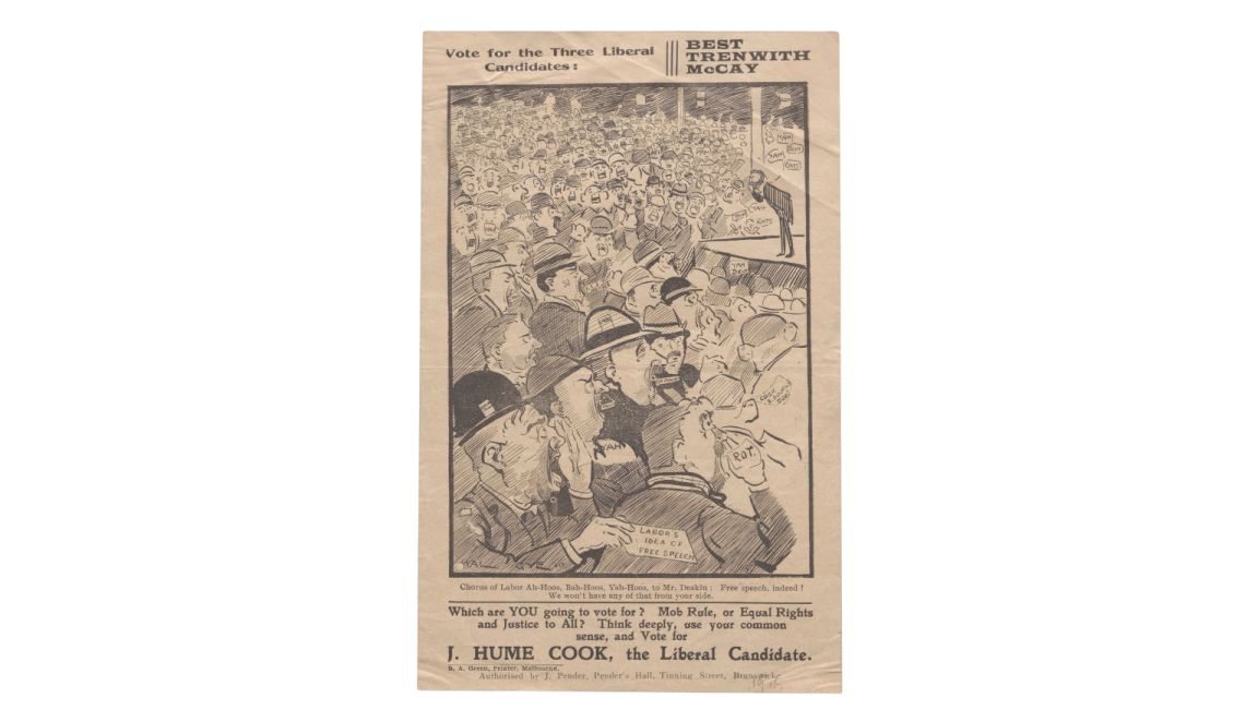 campaign poster with cartoon sketch of crowd of animated men listening to a man on stage