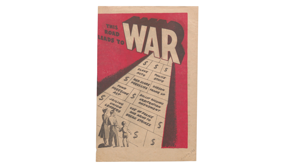Communist Party flyer with illustration of a family standing on a path with various policies that the party opposed, with the headline: This road leads to war