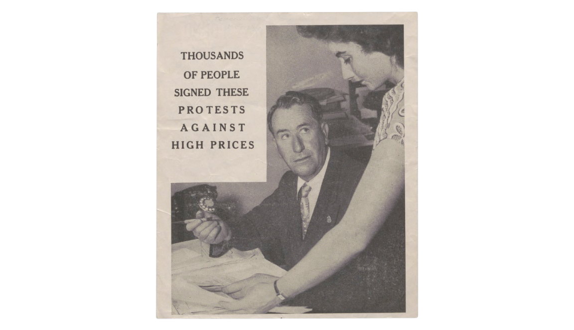 Pamphlet with photo of worried looking man and woman and the text: Thousands of people signed these protests against high prices