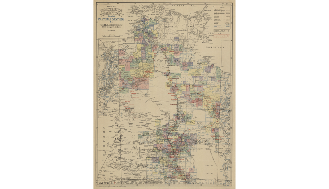 Old, yellowed map of the Northern Territory showing pastoral stations in different colours, many located along or near rivers