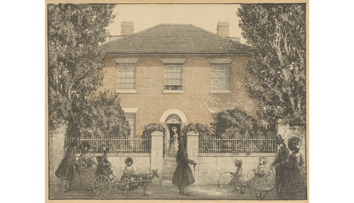 Detailed illustration of a 2 storey brick house with a woman at the front door, and people walking along the path out front