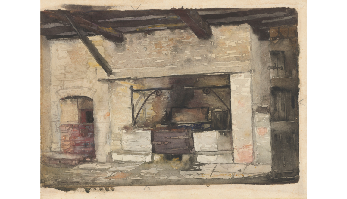 Watercolour painting of a brick kitchen