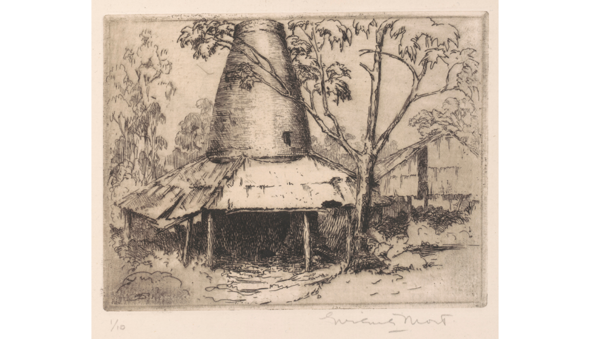 Print of 'the Pottery', a building with a large round chimney