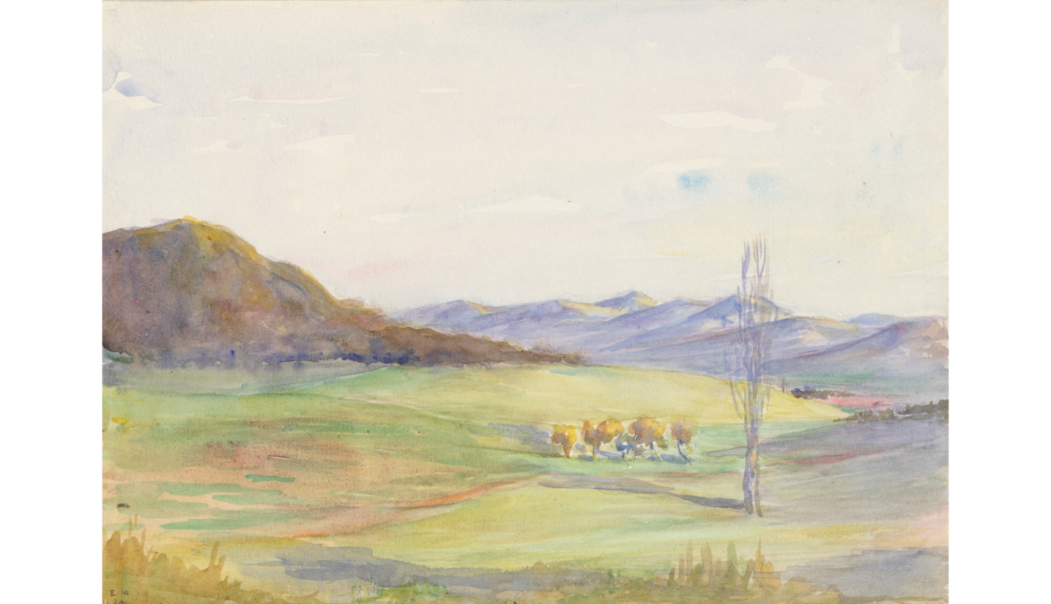 Painting showing grassy fields encompassed by mountaints