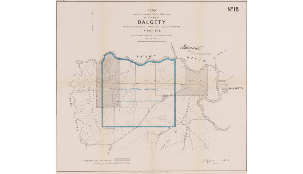 Map of Dalgety with a blue outline around the proposed Federal Capital of Australia site, taking up approximately 4000 acres