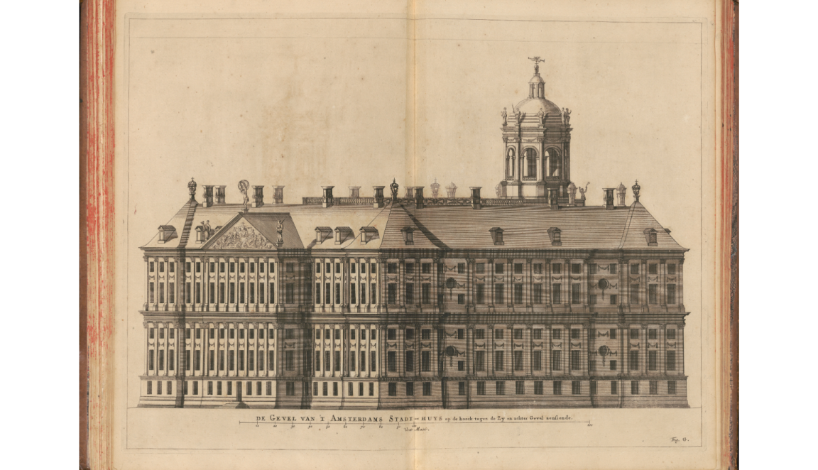 Detailed architctural illustration of a large building with lots of windows and a tower coming up at the back