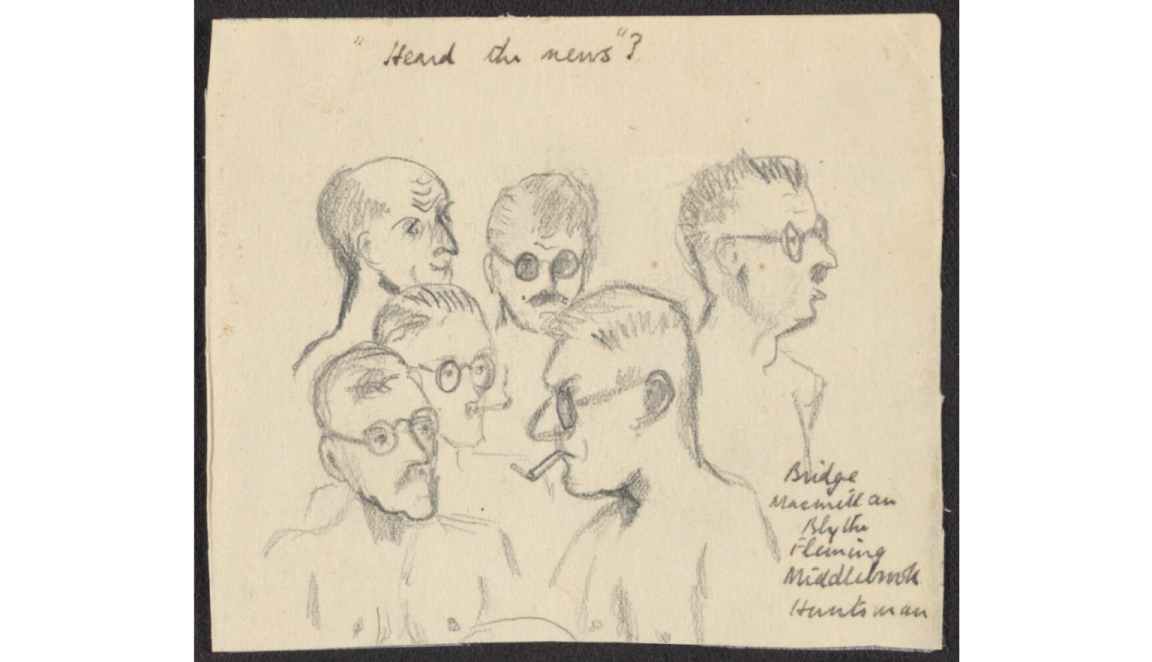 Hand-drawn pencil illustration of 6 men from shoulders up, titled "Heard the news?"