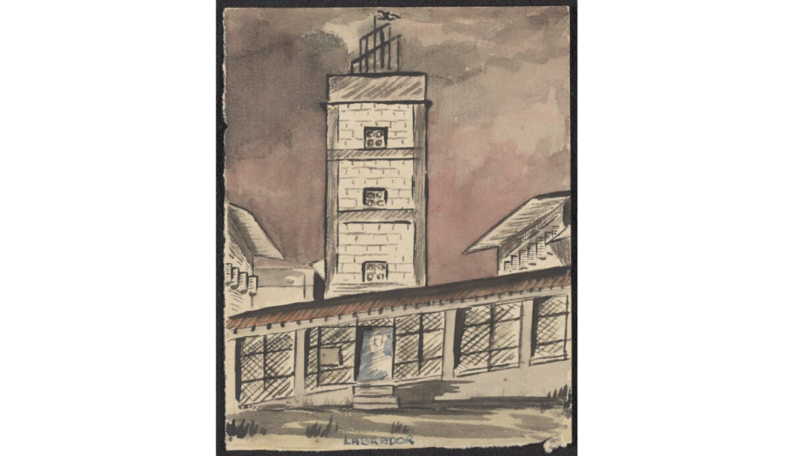 Hand-drawn water colour art of a large tower behind a wall that gets taller as it goes off the page to the right
