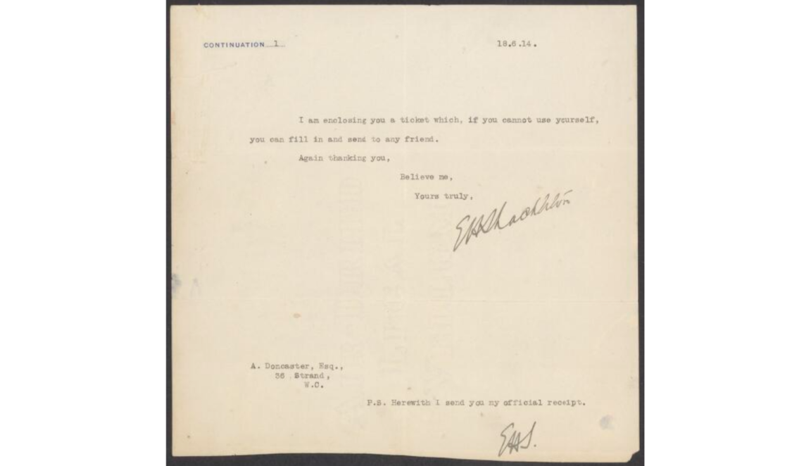 Briefed typed letter from Sir Ernest Shackleton