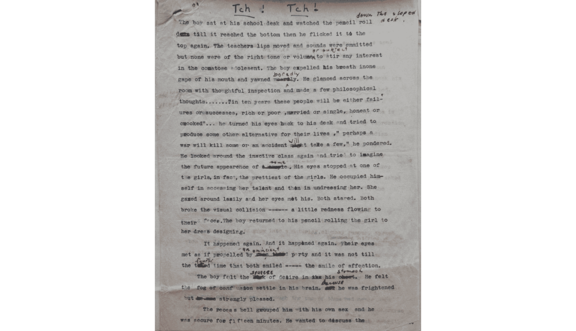 Short story with handwritten text in blue ink