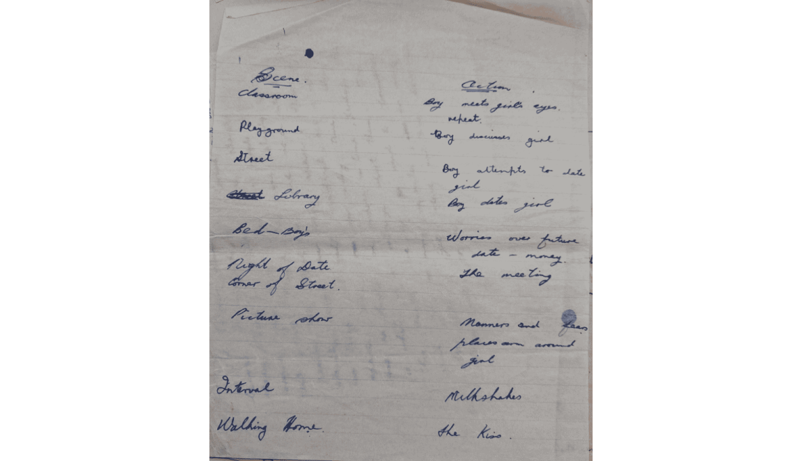 A page with a plan written in cursive writing in blue pen ink